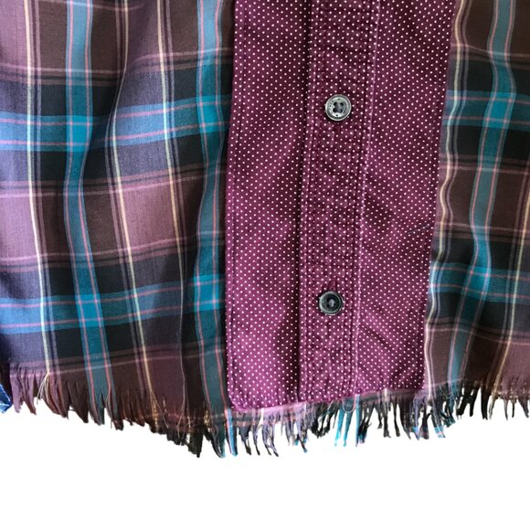 Upcycled Patchwork Button-Down Shirt, Size M-L: Boho Fringed Hem, Mixed Print - Picture 7 of 13